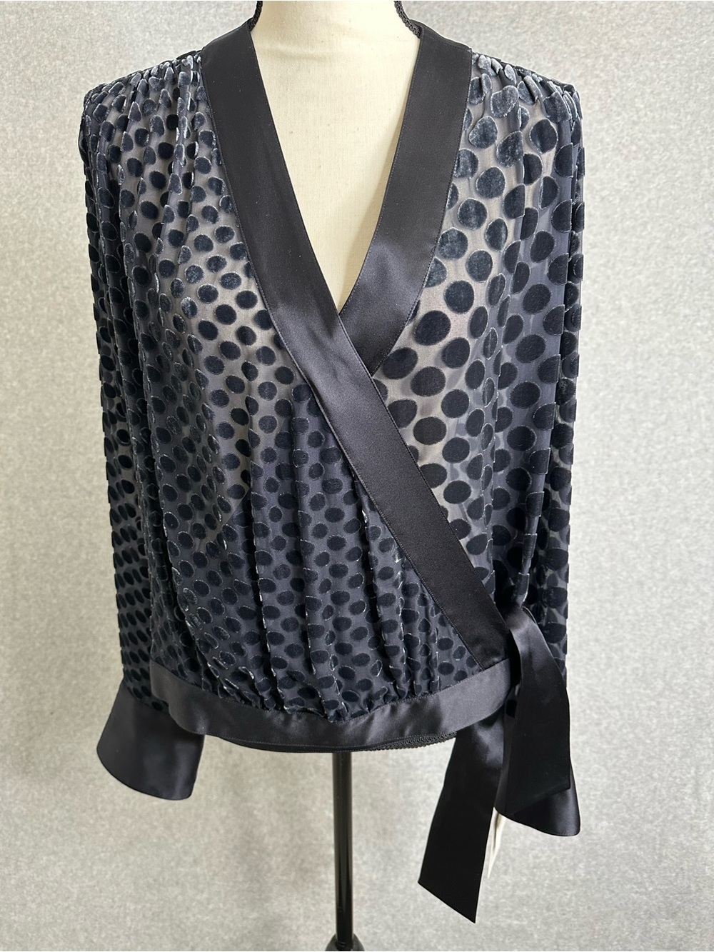 Worth New York Silk Blend Semi Sheer Faux Wrap Polka Dot Top Medium French Cuff